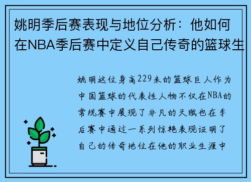 姚明季后赛表现与地位分析：他如何在NBA季后赛中定义自己传奇的篮球生涯