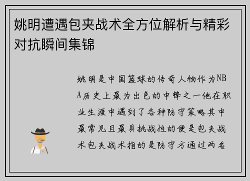 姚明遭遇包夹战术全方位解析与精彩对抗瞬间集锦