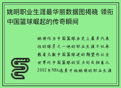 姚明职业生涯最华丽数据图揭晓 领衔中国篮球崛起的传奇瞬间